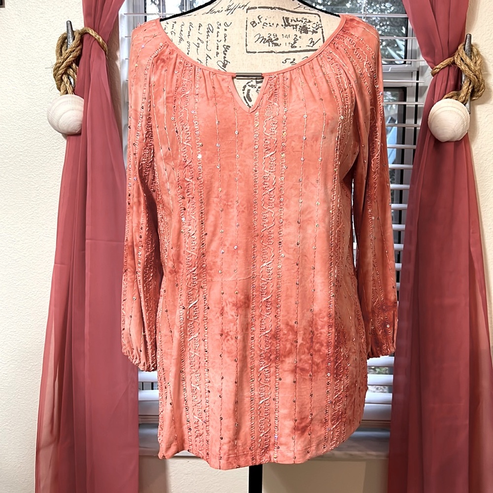 JM Collection Blouse Irredescent sequins. Long sleeve silver enhancement